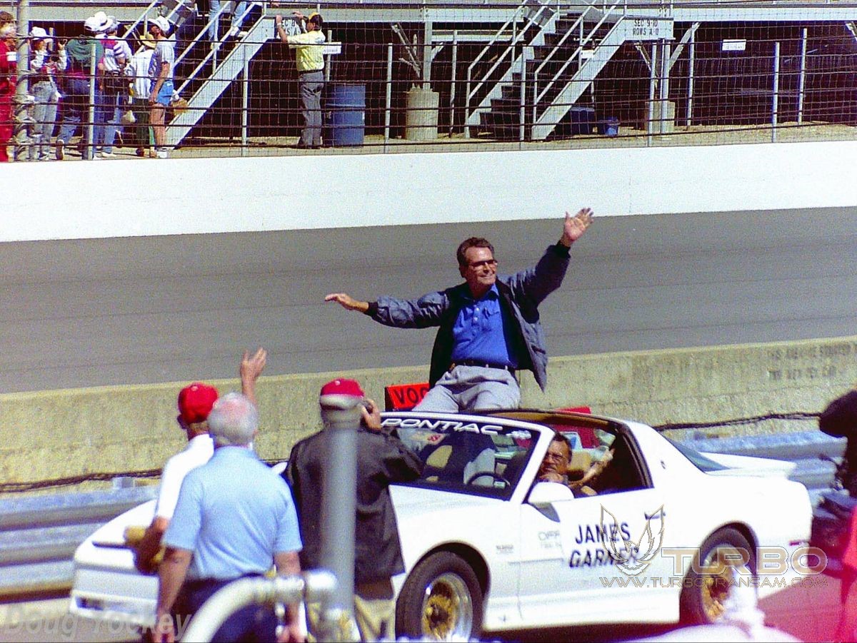 James Garner with the 1989 Indy 500 Turbo Trans Am Pace Car